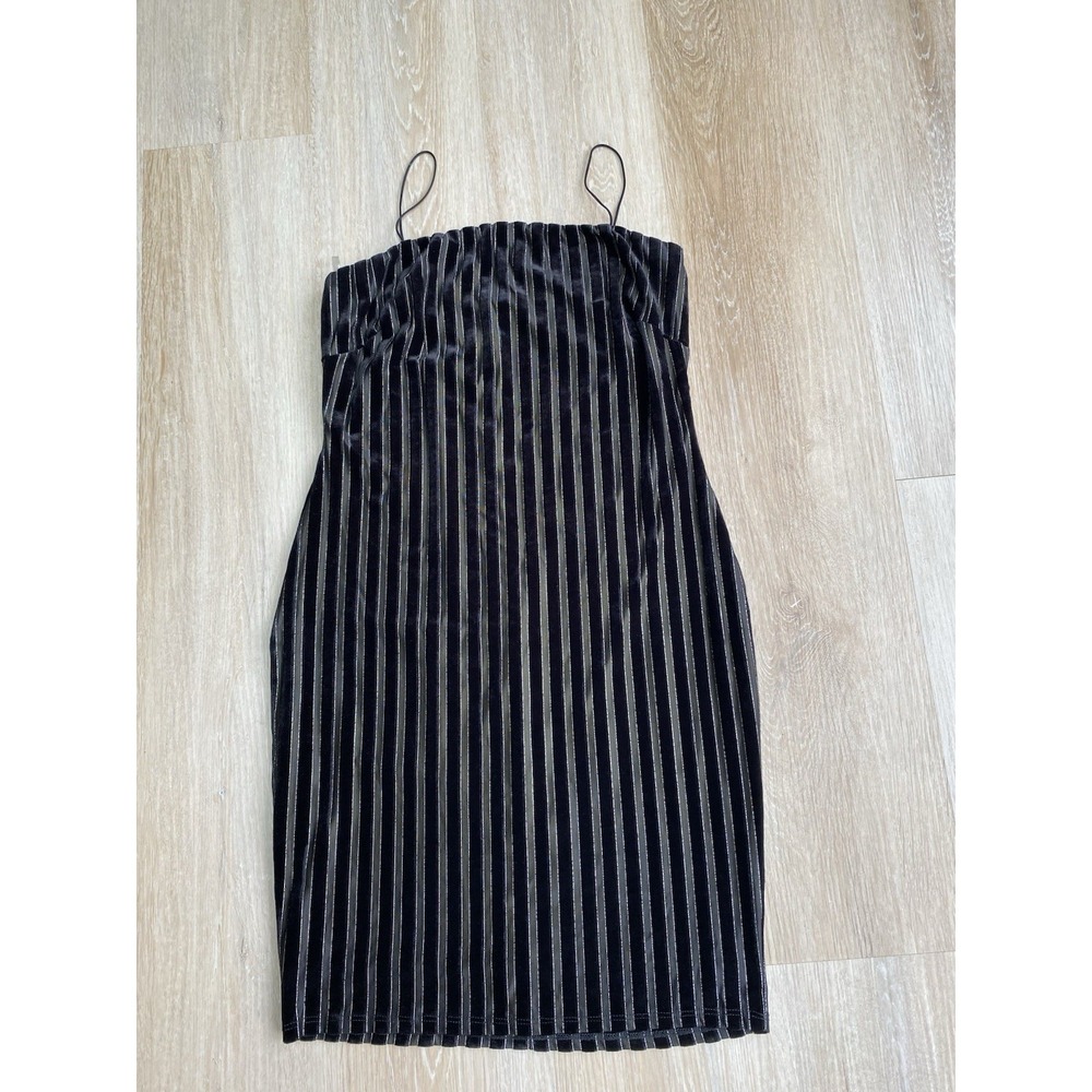 Olive Tree Y2K Black Velvet Striped Size L Mini Dress Metallic Silver Accents
